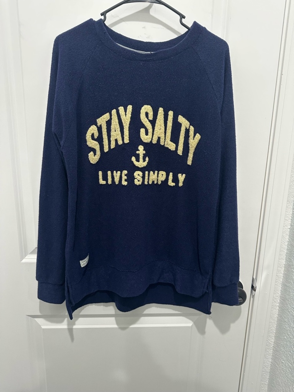 Simply Southern Navy Spring Pullover with Logo Patch Stay Salty Live Simply SZ L
